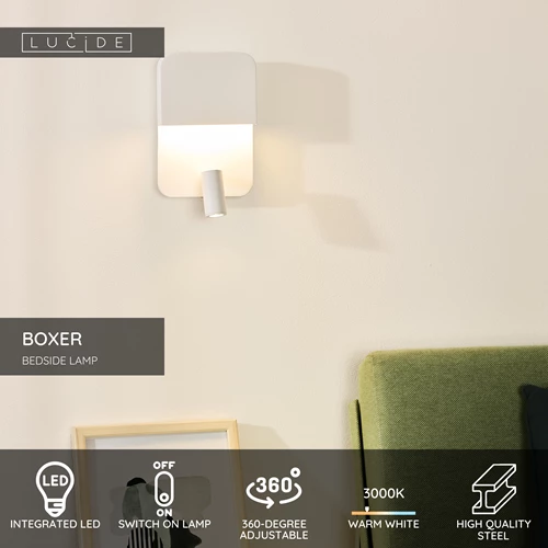 Lucide BOXER - Bedside lamp / Wall light - LED - 3000K - With USB charging point - White - USP